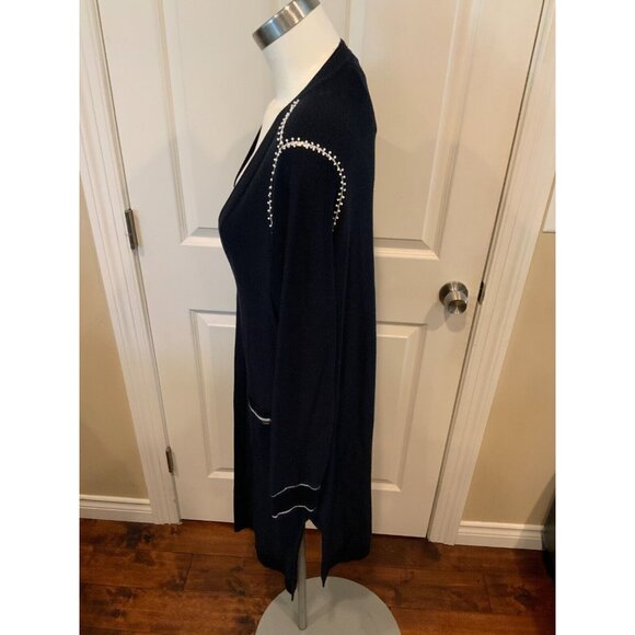 St. John Navy Blue Wool Long Cardigan w/ Hand Beaded Accent, Size Small - Picture 6 of 8